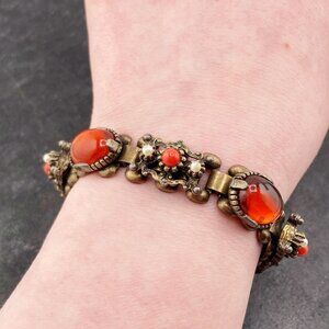 BELINI Vintage orange glass, faux pearl, and brass toned metal link bracelet